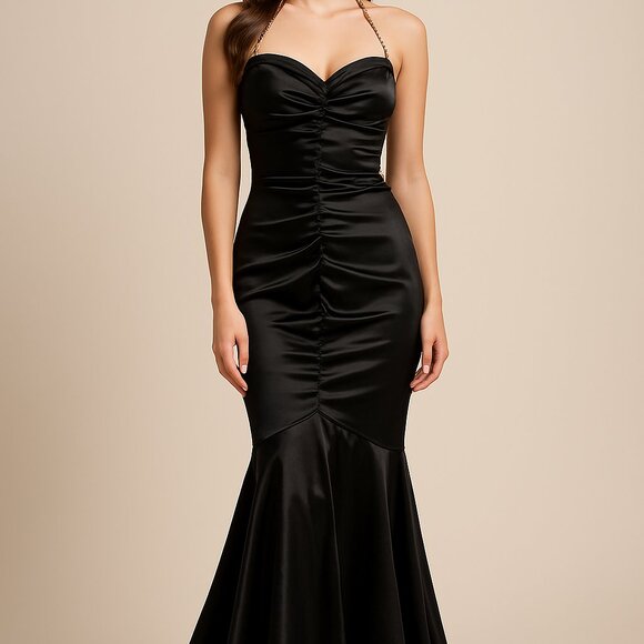 Windsor Black Satin Mermaid Gown Size 5/6 – Strapless Ruched Prom Formal Dress - Picture 3 of 13